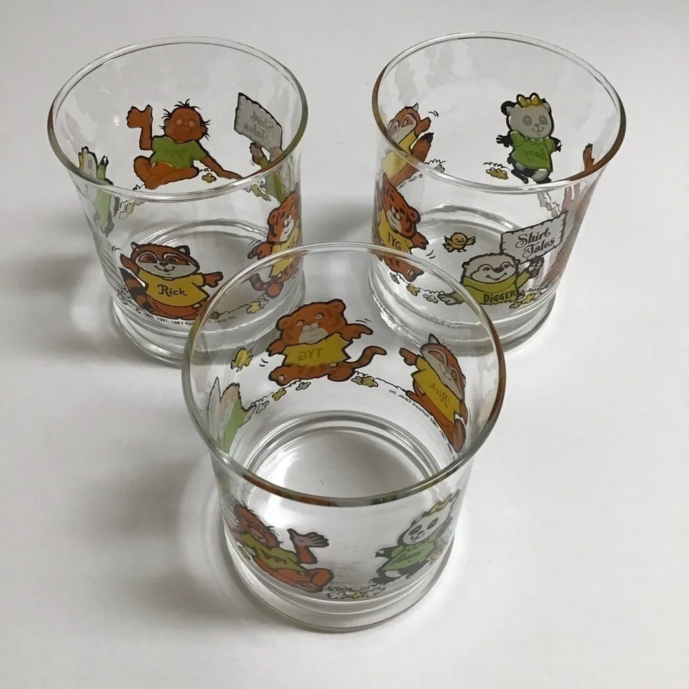 Shirt Tales Juice Glasses SET OF 3 Pammy Rick Tyg Cartoon ‘82 Hallmark Vintage